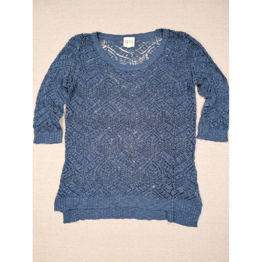 Pink Rose Women Blue Open Knit Crochet Sweater 3/4 Sleeve Scoop Neck Large